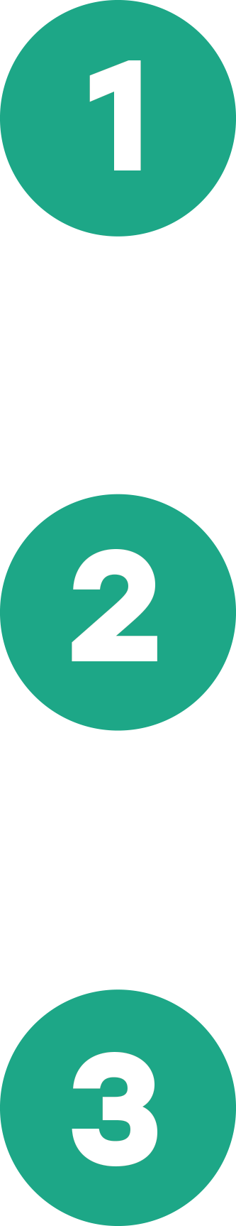 A vertical timeline with three teal circles numbered 1, 2, and 3 connected by a dashed white line.