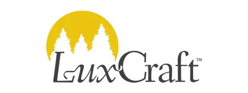 LuxCraft logo with a yellow sun and white pine trees.