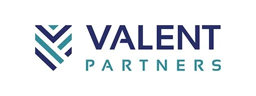 Logo of VALENT PARTNERS with geometric design and text in blue and teal colors.