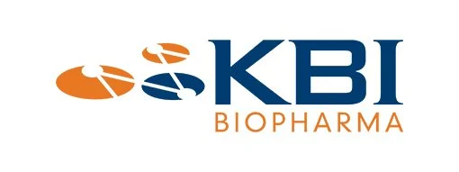 Logo of KBI Biopharma with orange and blue graphics and text.