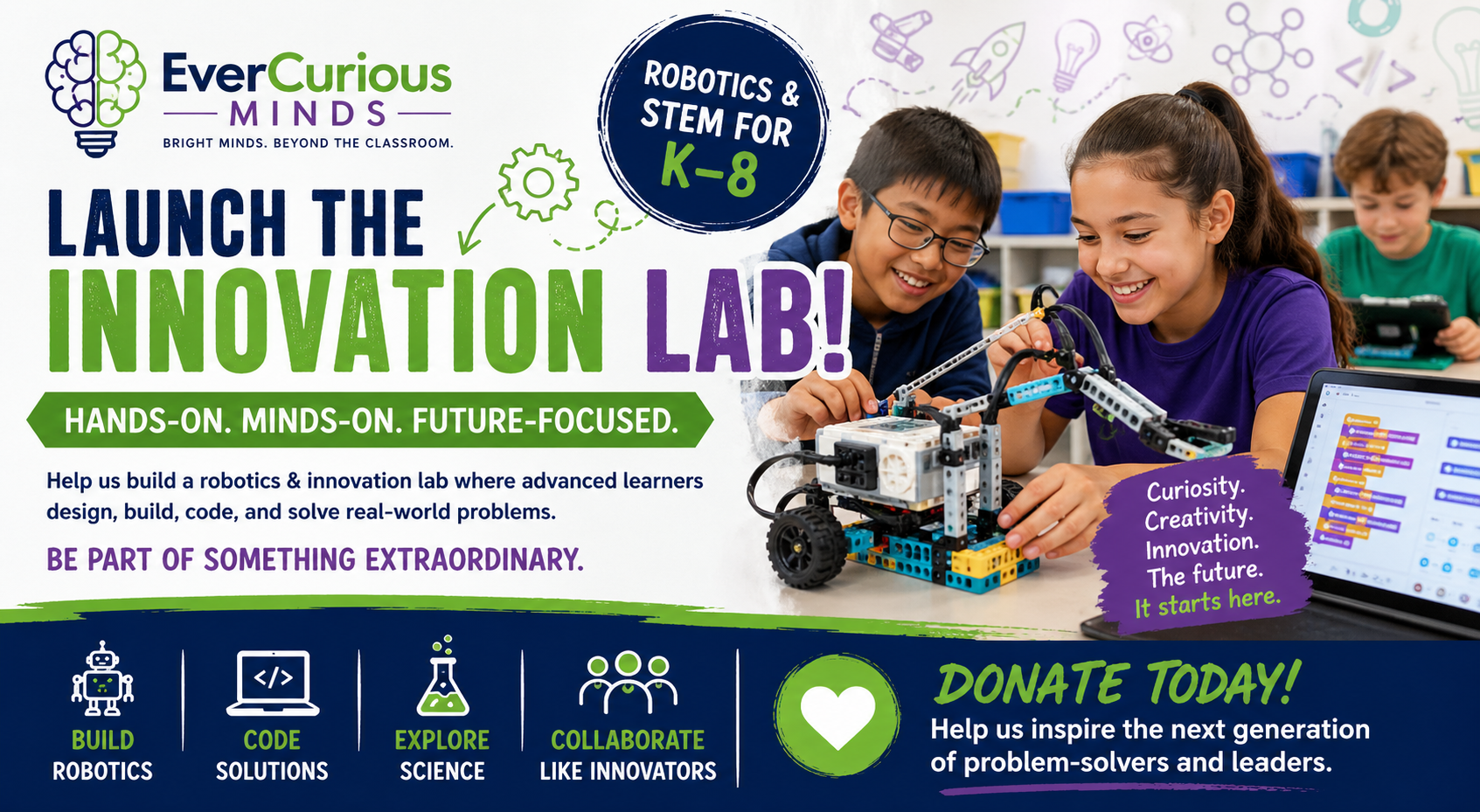 Children working on robotics projects in a classroom with colorful educational posters and a robot and laptops.