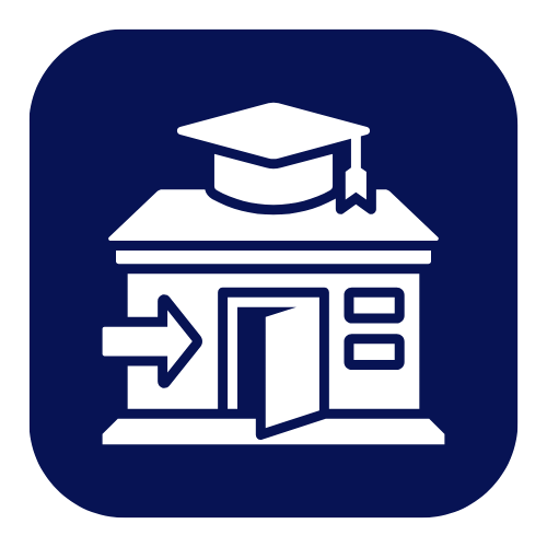 Sign with an arrow pointing to the entrance of a building with a graduation cap on top, representing an educational institution.