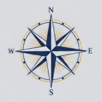 A compass rose with north, south, east, and west directions, featuring a blue and gold color scheme.