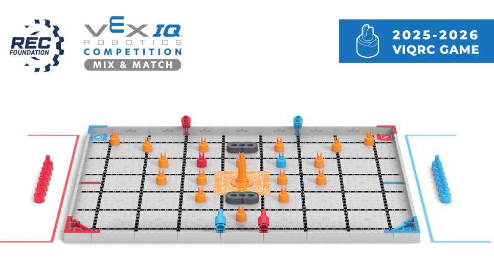 VEX IQ robotics competition game board for 2025-2026 season with orange, red, and blue game pieces and goals.