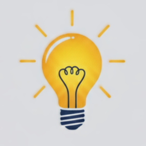 A lightbulb illustration with a yellow glow and a hand making a fist inside it, surrounded by rays of light.