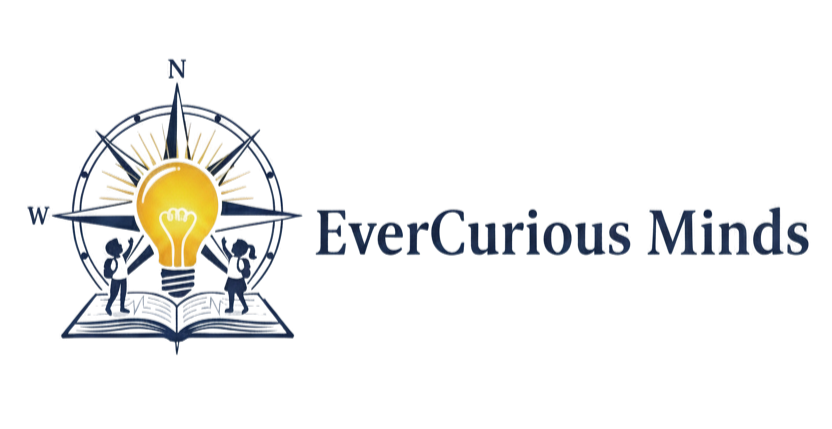 Logo with a lightbulb, compass, and open book, and the words "Ever Curious Minds".