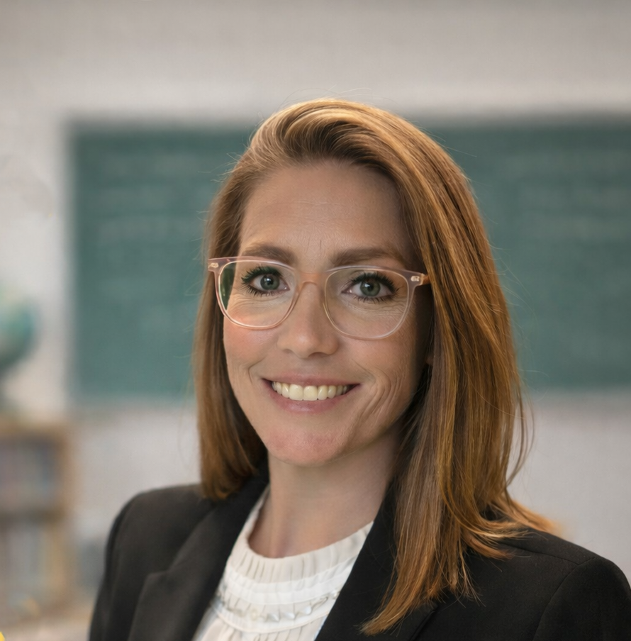 A smiling woman with shoulder-length red hair, wearing glasses, a white blouse, and a black blazer in a classroom with a chalkboard in the background.
