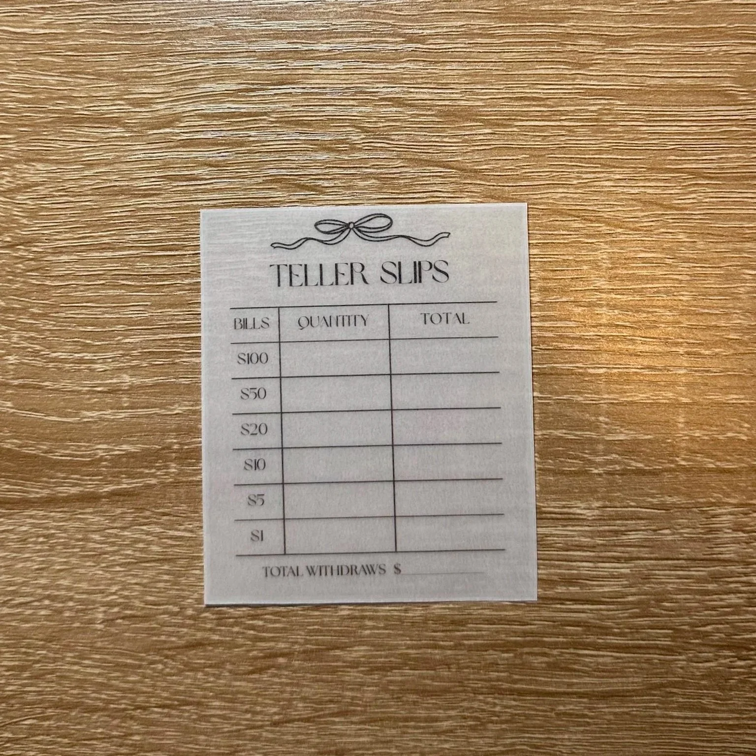 VELLUM TELLER SLIPS - BOW
