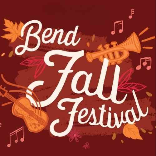 Bend Fall Festival poster with musical instruments, autumn leaves, and musical notes on a red background.