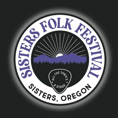 Circular Logo of Sisters Folk Festival with subtext showing where the festival is based "Sisters, Oregon" and the festival slogan, "All the Town's a State"