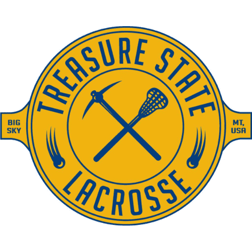 Logo of Treisure State Lacrosse featuring a pickaxe and lacrosse stick crossed in the center, with text around it and small banners on the sides that say 'Big Sky' and 'MT, USA'.