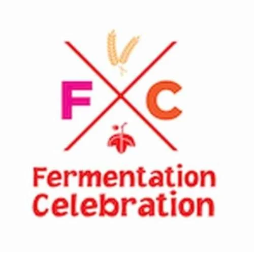 Logo for fermentation celebration featuring wheat, a red apple, and the letters F and C separated by red lines, with the text 'Fermentation Celebration' in red at the bottom.