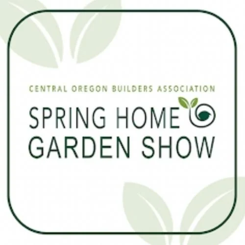 Logo for the Central Oregon Builders Association Spring Home and Garden Show, featuring green leaves and a spiral design.
