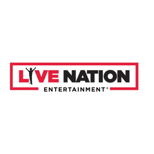 LIVE NATION ENTERTAINMENT logo with the word 'LIVE' in red and a person celebrating inside the letter 'L'
