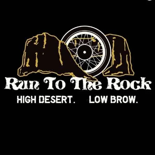 A graphic design featuring a wheel with mountain and desert elements, and text that reads "Run To The Rock," "High Desert," and "Low Brow."