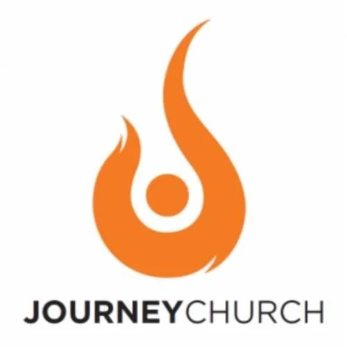 Logo of Journey Church with an orange flame and black text.