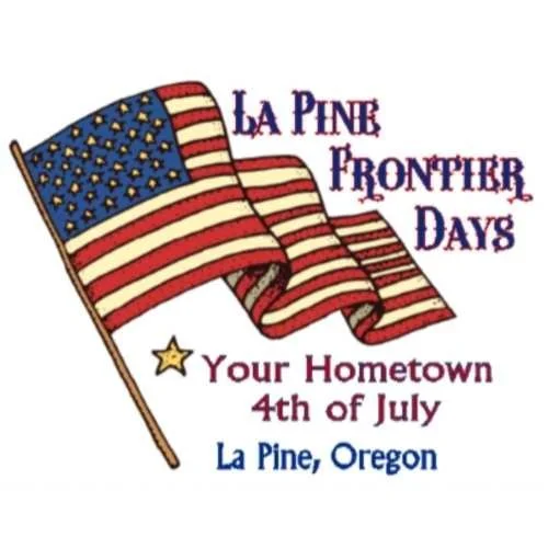 Illustration of a waving American flag with text promoting La Pine Frontier Days, celebrating the 4th of July in La Pine, Oregon.