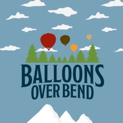Logo for Balloons Over Bend with the Illustration of hot air balloons flying over trees and mountains with clouds in the sky, with the text 'Balloons Over Bend' at the bottom.