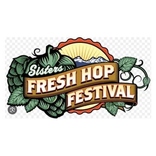Logo for the Sisters Fresh Hop Festival featuring hop cones, a mountain landscape, a sun, and decorative leaves.