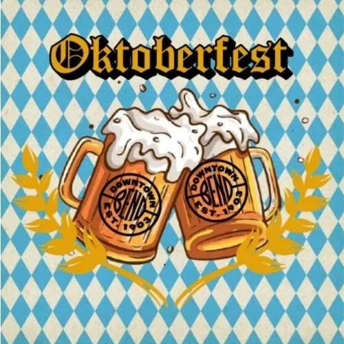 Oktoberfest poster featuring two beer mugs clinking, with foam overflowing, on a blue and white diamond-patterned background, with the word 'Oktoberfest' in gothic font and surrounded by gold laurel leaves.
