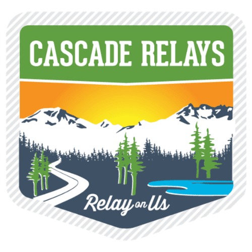 Logo of Cascade Relays featuring mountains, trees, a winding road, a pond, and a sunset background with the text 'Cascade Relays' and 'Relay on Us'.