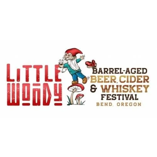 Logo for Little Woody Barrel-Aged Beer, Cider & Whiskey Festival in Bend, Oregon, featuring a gnome holding a beer glass, mushrooms, and rustic font.