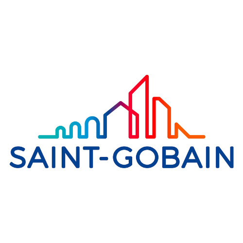 Colorful skyline outline above the text "Saint-Gobain" in dark blue.