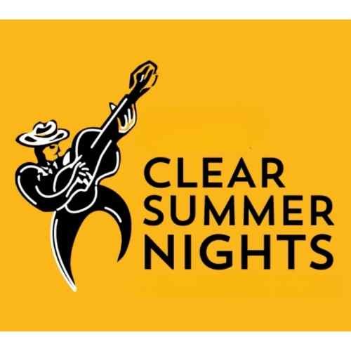 Logo with a cowboy playing guitar, yellow background, text "Clear Summer Nights"