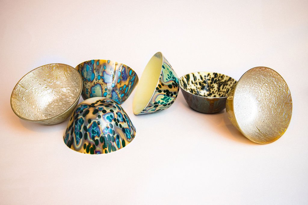 Six decorative bowls with explosive colors.  24k golds used and Silver crackling.  Beautiful!