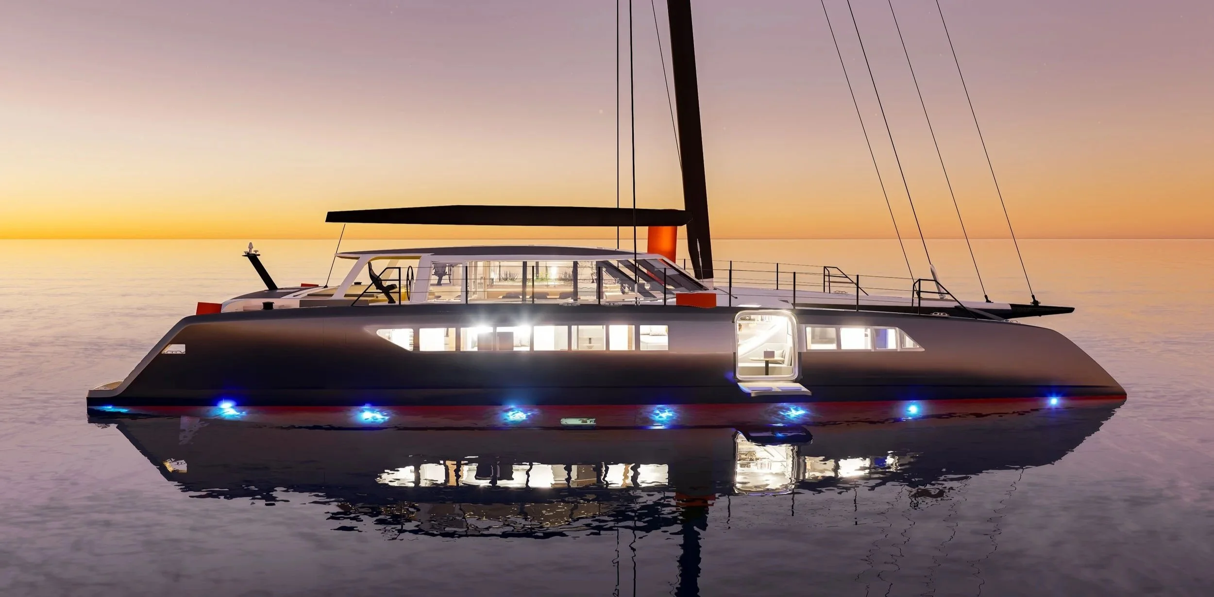 A sleek black and white luxury yacht floating on calm water during sunset, with interior lights visible through the large windows and a modern design.