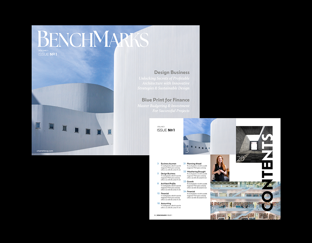 BenchMarks Magazine graphic design featuring clean typography award winning