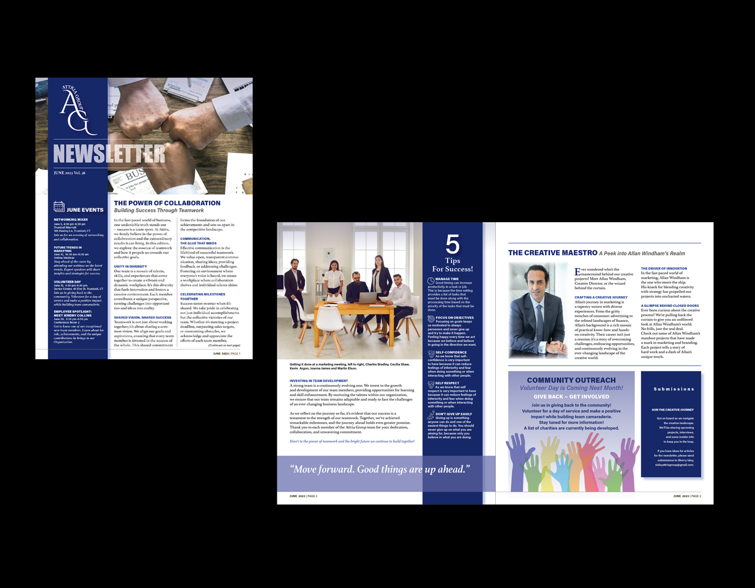 Corporate newsletter graphic design featuring clean typography and data-driven layout