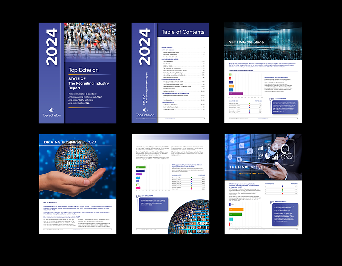 Six pages of a report titled "Top Echelon 2024" with themes on the recruiting industry, setting the stage, driving business in 2023, and analysis, featuring graphs, charts, and an image of a hand holding a globe made of small images, with a blue digital background.