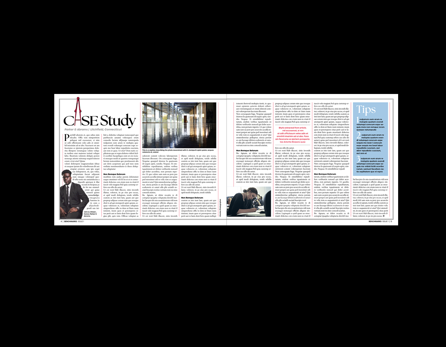 Benchmarks Magazine graphic design featuring clean typography award winning