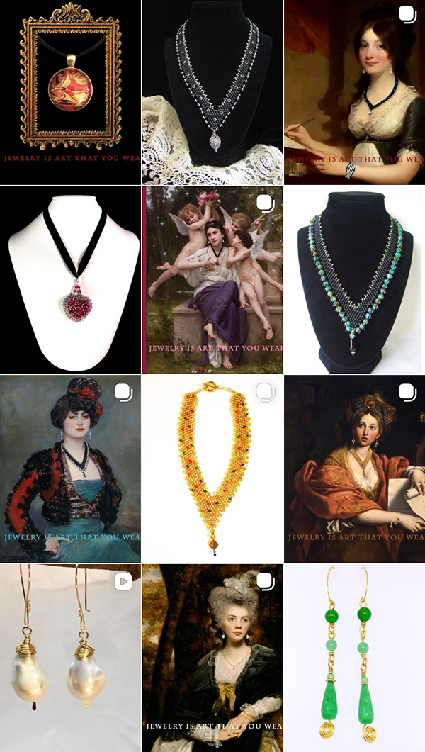 A collage of jewelry and classical paintings, featuring necklaces, earrings, and a pendant, with some images including vintage or historical art scenes.