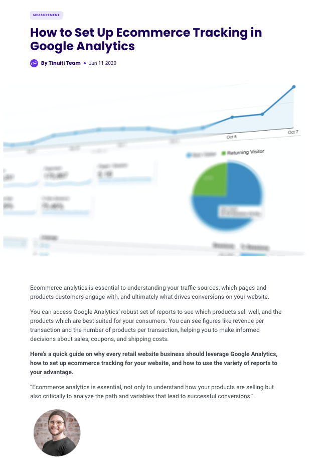 image of a sample blog post about setting up ecommerce tracking in google analytics by the author