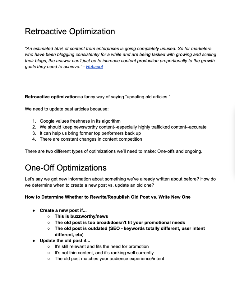 an image showing the author's document detailing a strategy to retroactively optimize blog posts