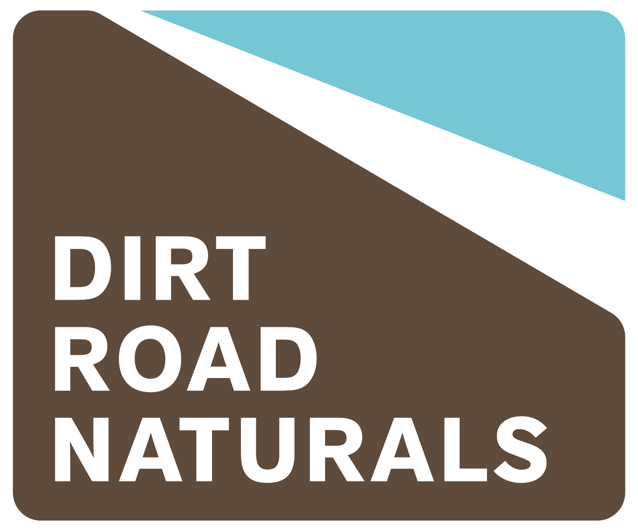 Sign for Dirt Road Naturals with a brown and blue color scheme