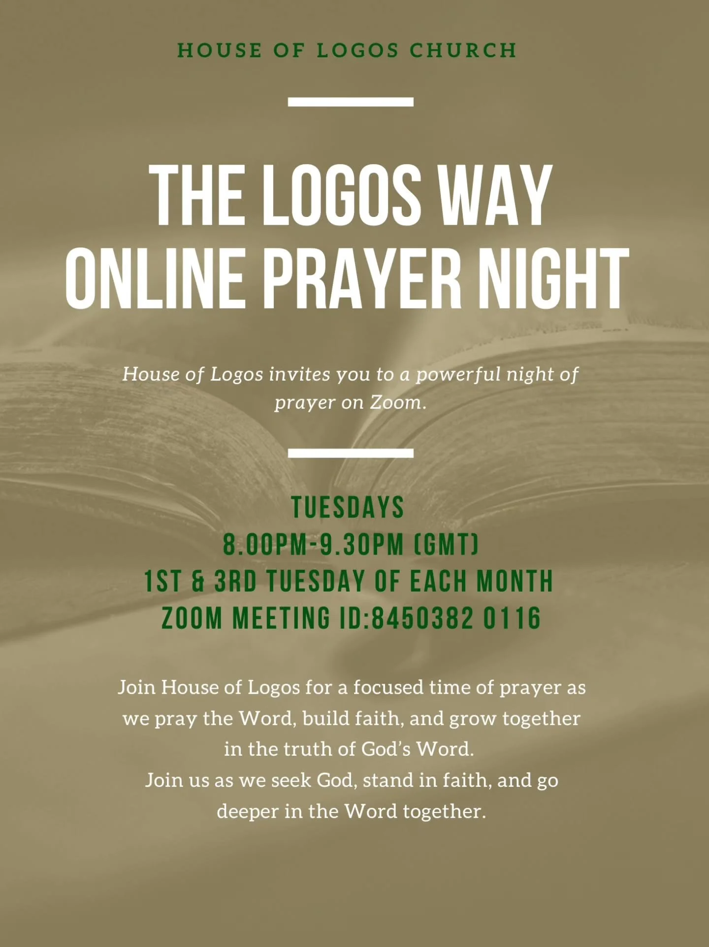 New time. Same fire. Same intensity. 🔥

We gather in prayer every 1st &amp; 3rd Tuesday at 8:00PM.

This is a dedicated time of Scripture-led prayer &mdash; building believers in the Word, strengthening faith, and deepening our walk with Christ.

At