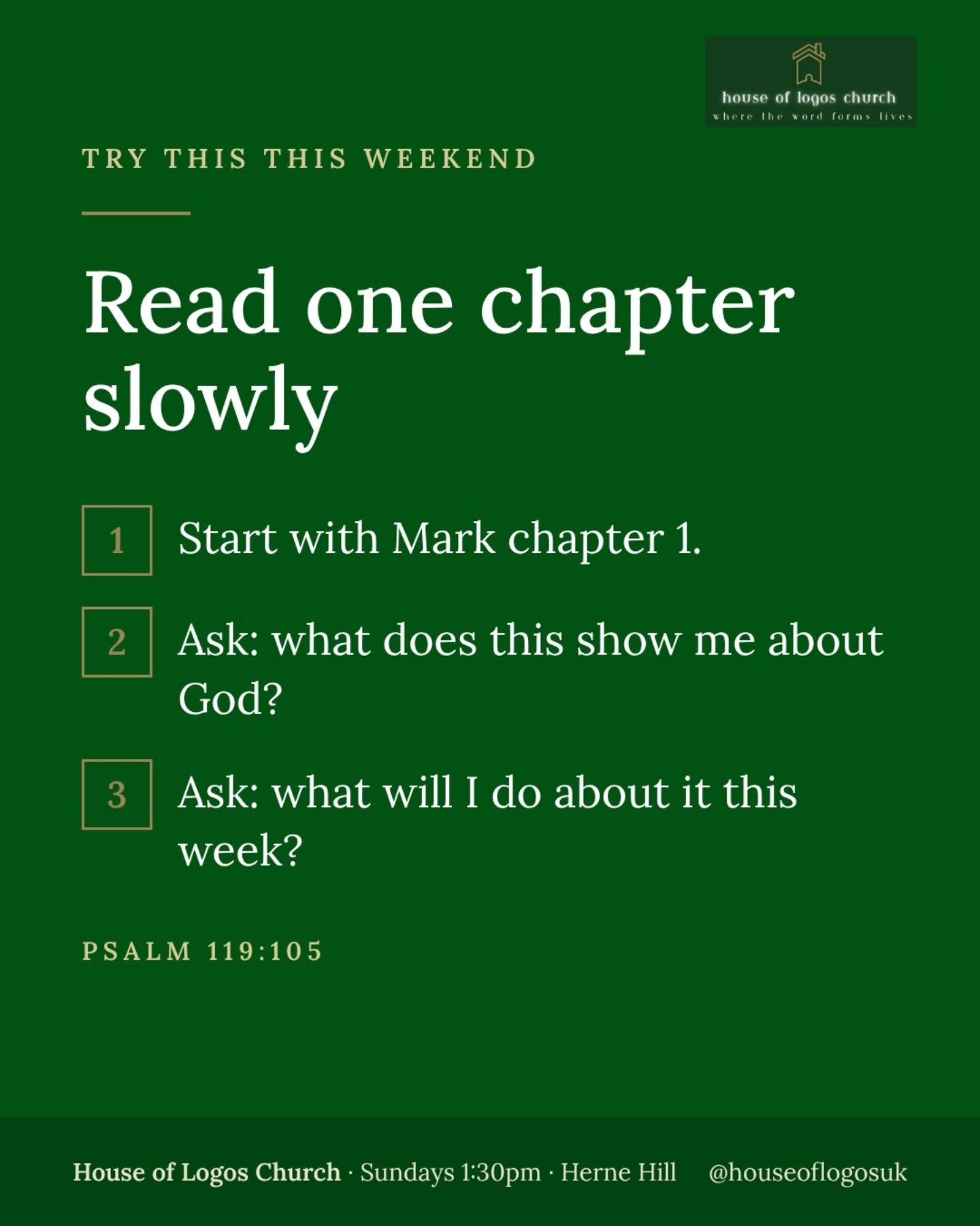Try this this weekend: read one chapter of the Bible, slowly.

Start with Mark chapter 1. 

Read it once, then ask yourself two questions:
1️⃣ What does this show me about God?
2️⃣ What will I do about it this week?

That's how reading turns into gro