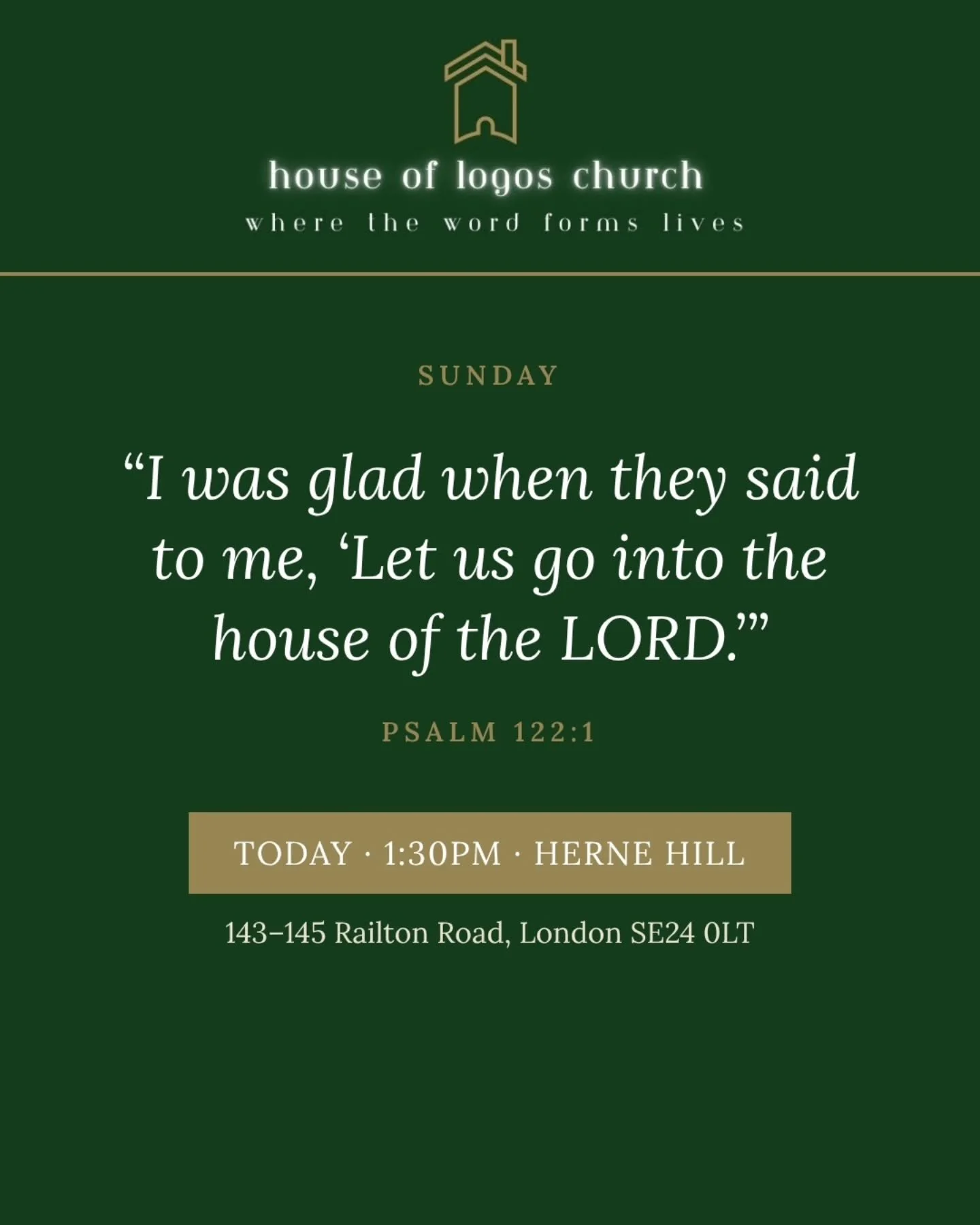 Today we gather. 🙌🏿

"I was glad when they said to me, 'Let us go into the house of the LORD.'" Psalm 122:1

Join us at 1:30pm at 143&ndash;145 Railton Road, Herne Hill (SE24 0LT). Come as you are, and bring a friend.

🌐 houseoflogos.org