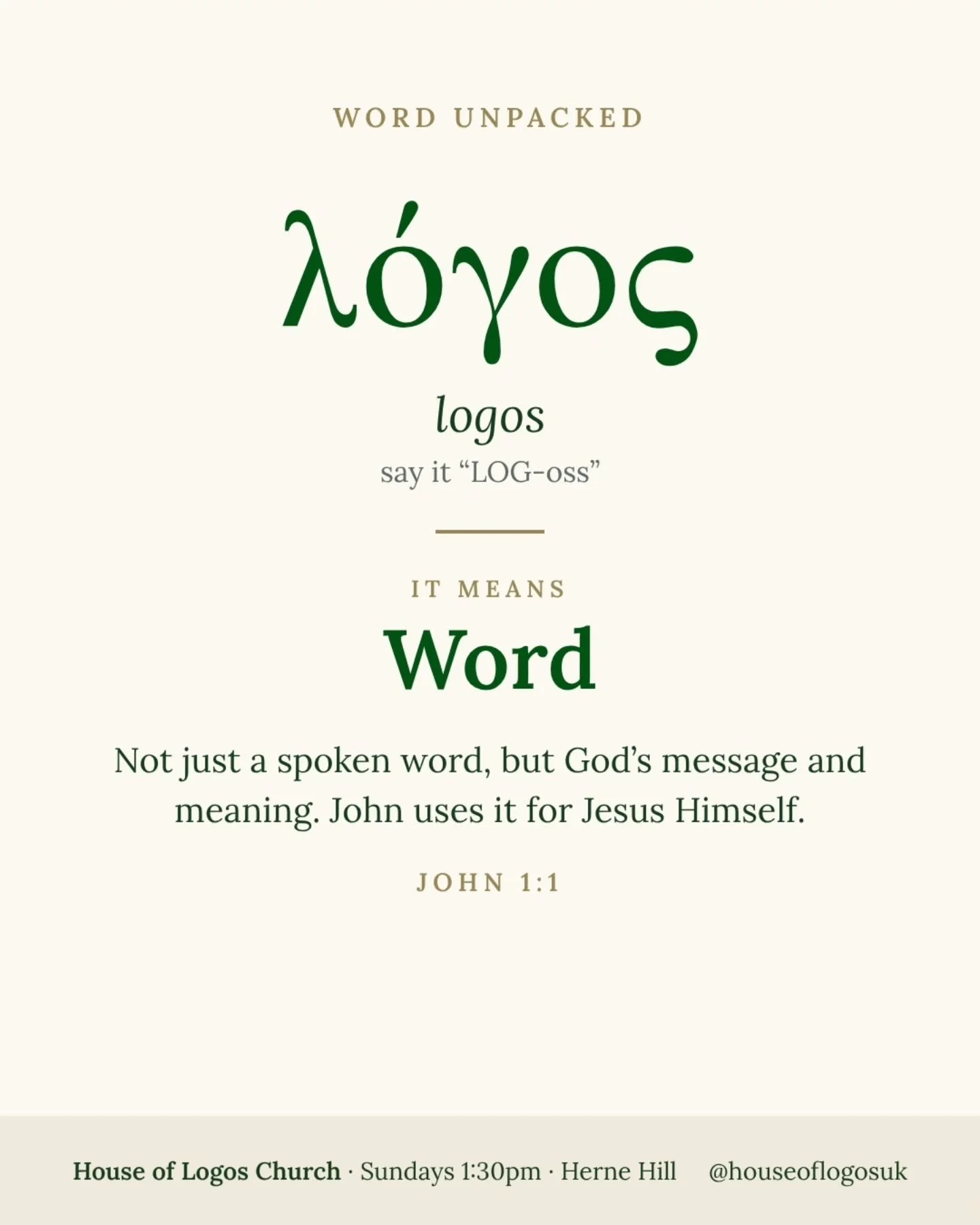 Word Unpacked: LOGOS (&lambda;ό&gamma;&omicron;&sigmaf;), say it "LOG-oss"

In John 1:1, "In the beginning was the Word&hellip;", the Greek word for "Word" is logos.

It means more than a spoken word. It carries the idea