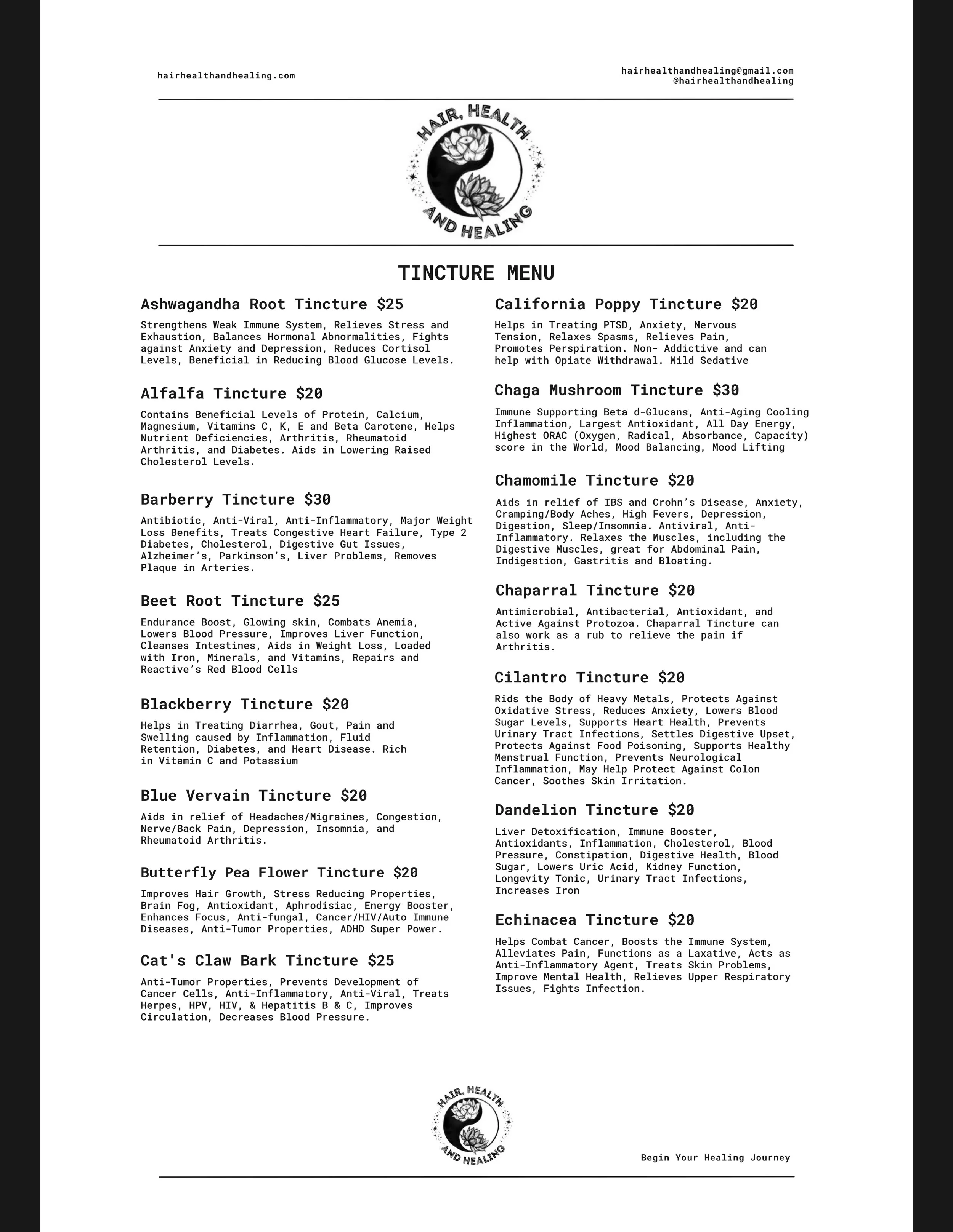 Hair Health & Healing- Tincture Menu & Key