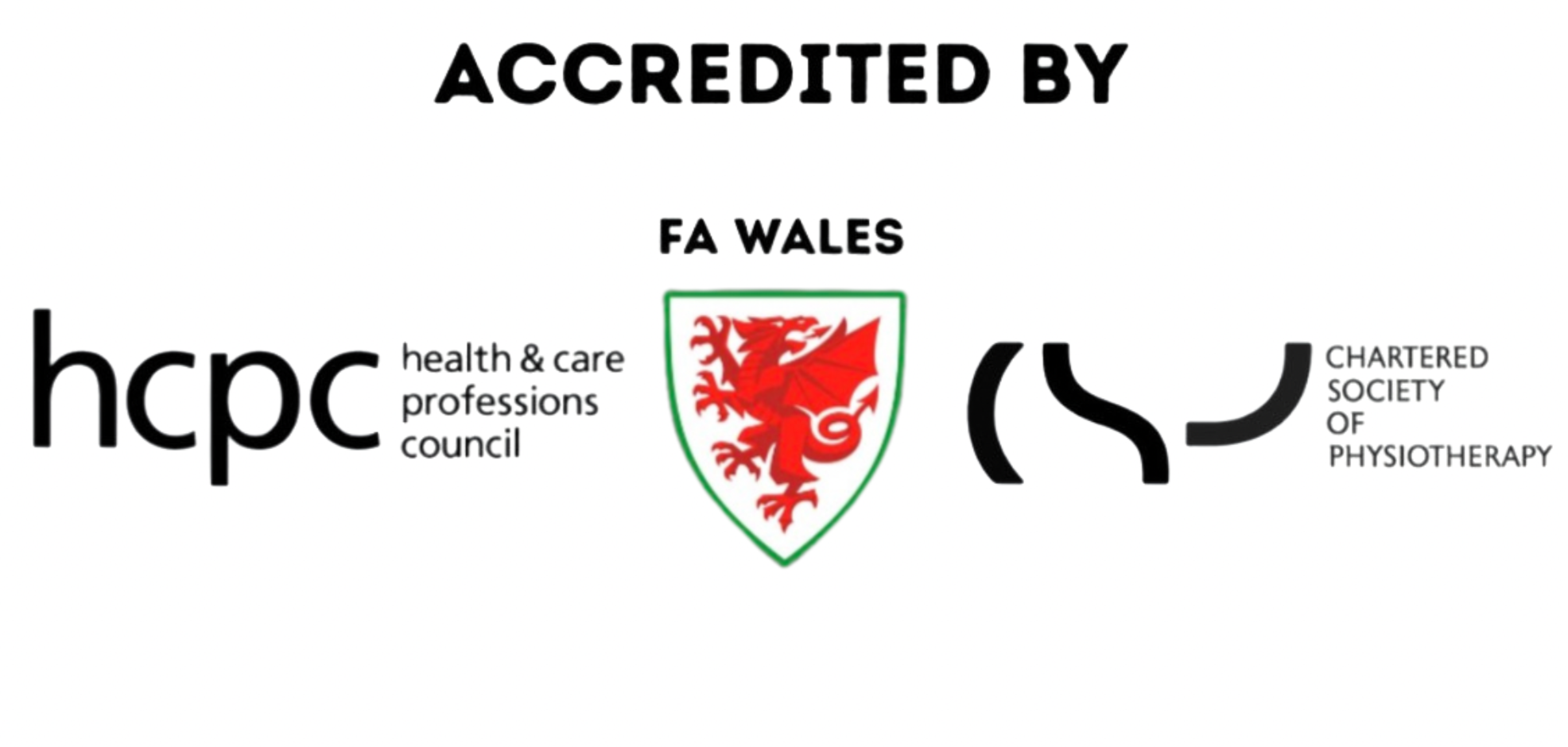 Logo of Health and Care Professions Council (HCPC) on the left, Football association of Wales logo in the middle, and the Chartered Society of Physiotherapy logo on the right. The text above reads "Accredited by."