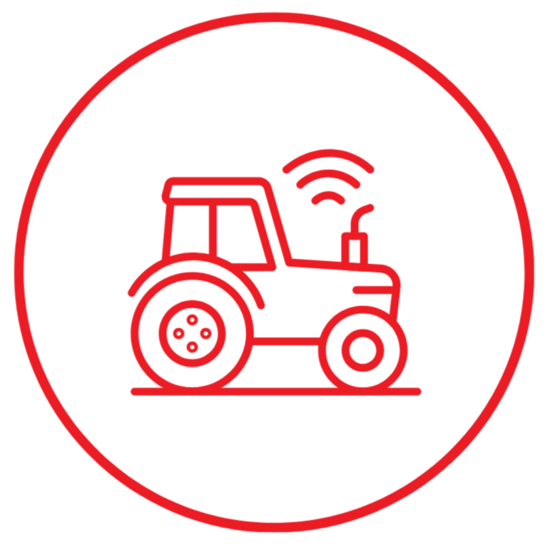 Red outline icon of a tractor with wireless signal waves above it, enclosed in a red circle on a black background.