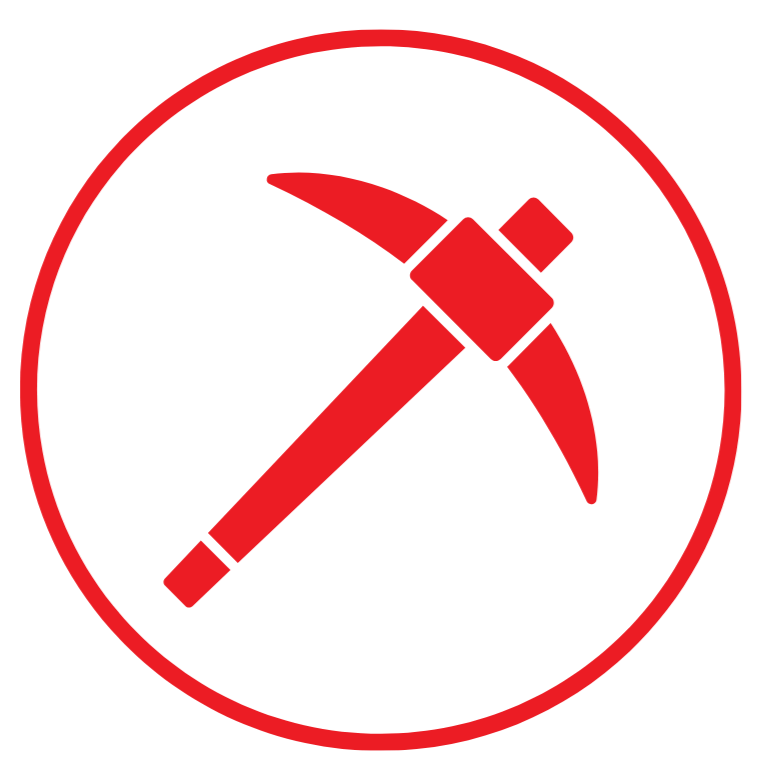 Red pickaxe icon inside a red circle on a black background.