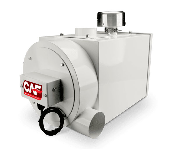 A white industrial machine with a round front panel displaying a red and white logo, and a metallic component on top, against a black background.