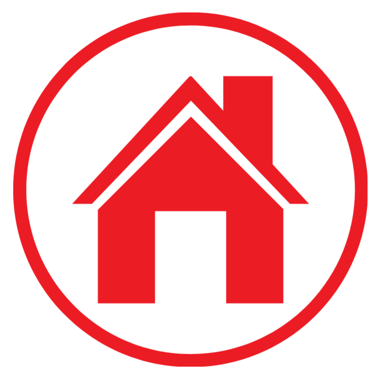 Red house inside a red circle on a black background.