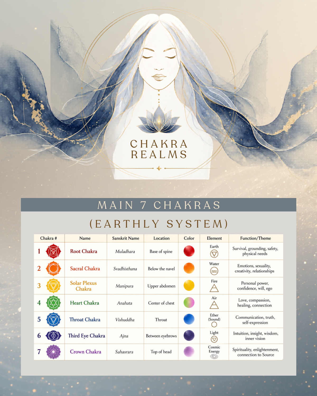 A chart titled 'Main 7 Chakras (Earthly System)' displays information about the seven main chakras, including their names, Sanskrit names, locations, colors, elements, and functions. An illustration of a woman with flowing hair and a lotus symbol on her chest is at the top, with a soft, abstract background and a golden circular design.