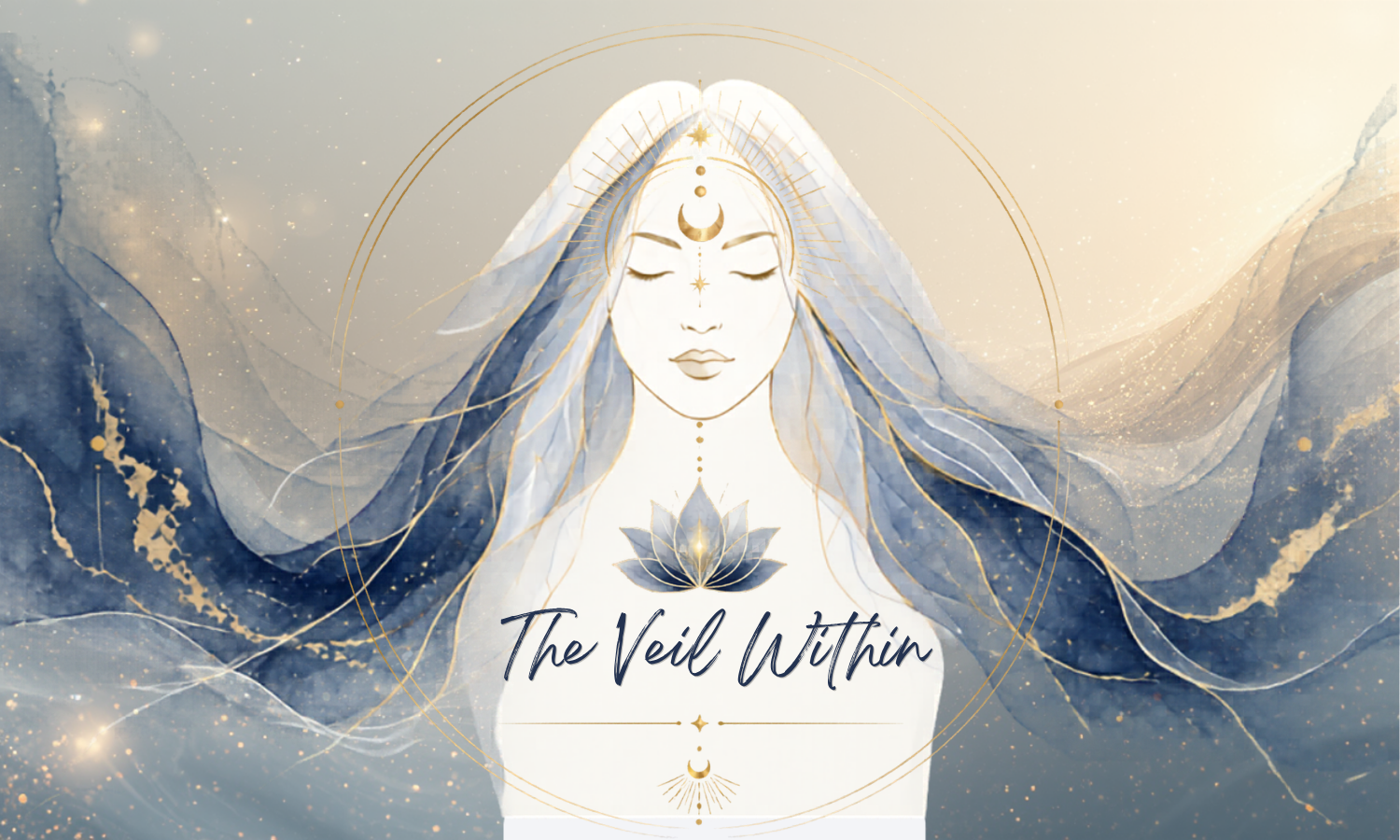 A stylized illustration of a spiritual woman with closed eyes and long flowing hair, featuring celestial symbols such as moons, stars, and a lotus flower, with the text 'The Veil Within' beneath her.